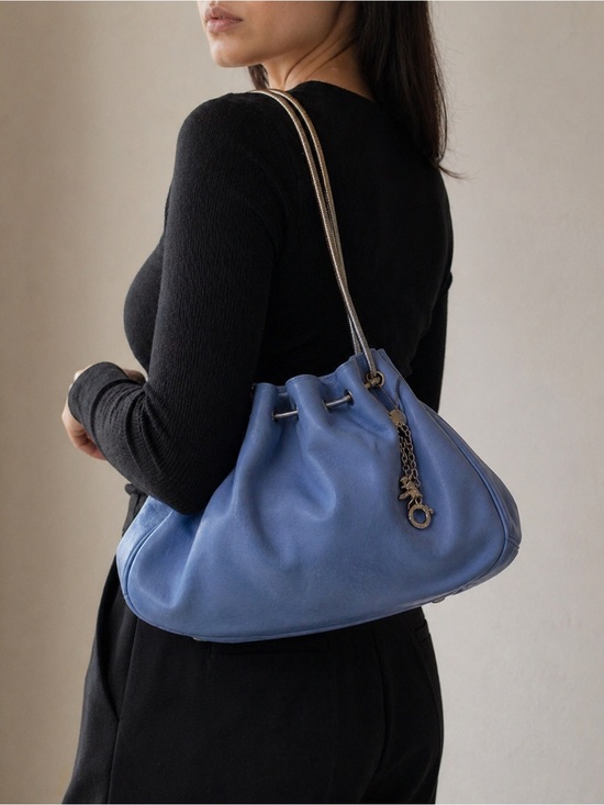 Salvatore Ferragamo Handbags - Salvatore Ferragamo Blue Leather Drawstring Shoulder Bag Y2K Slouch Italy